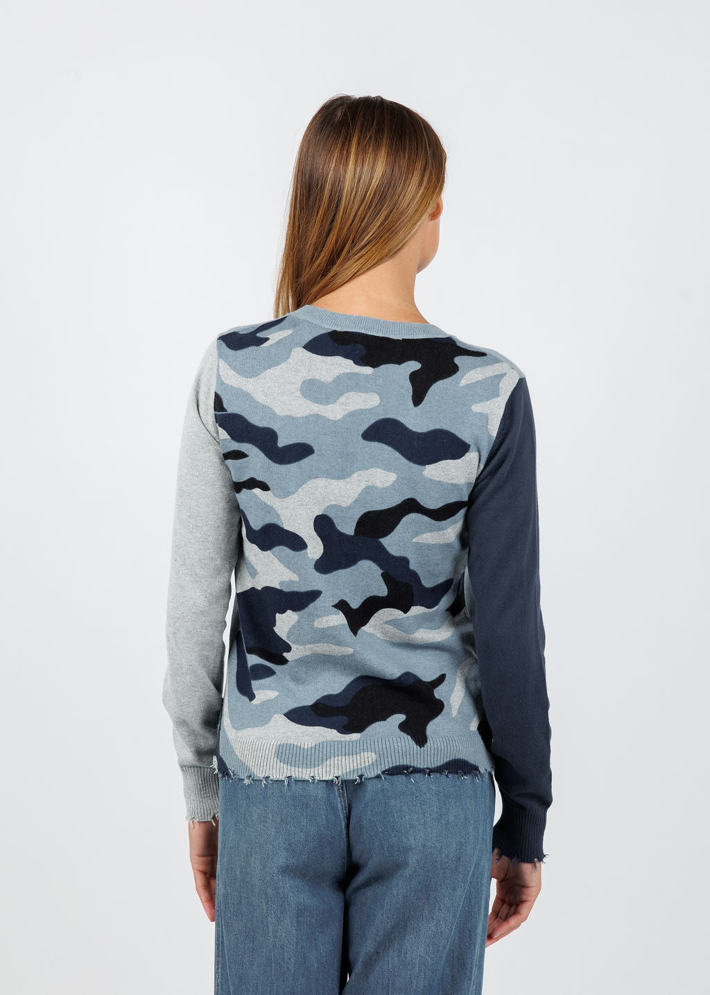 J Society Camo Distressed Crew Sweater in Denim available at Barbara Katz
