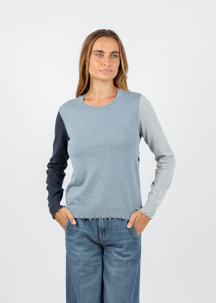 J Society Camo Distressed Crew Sweater in Denim available at Barbara Katz
