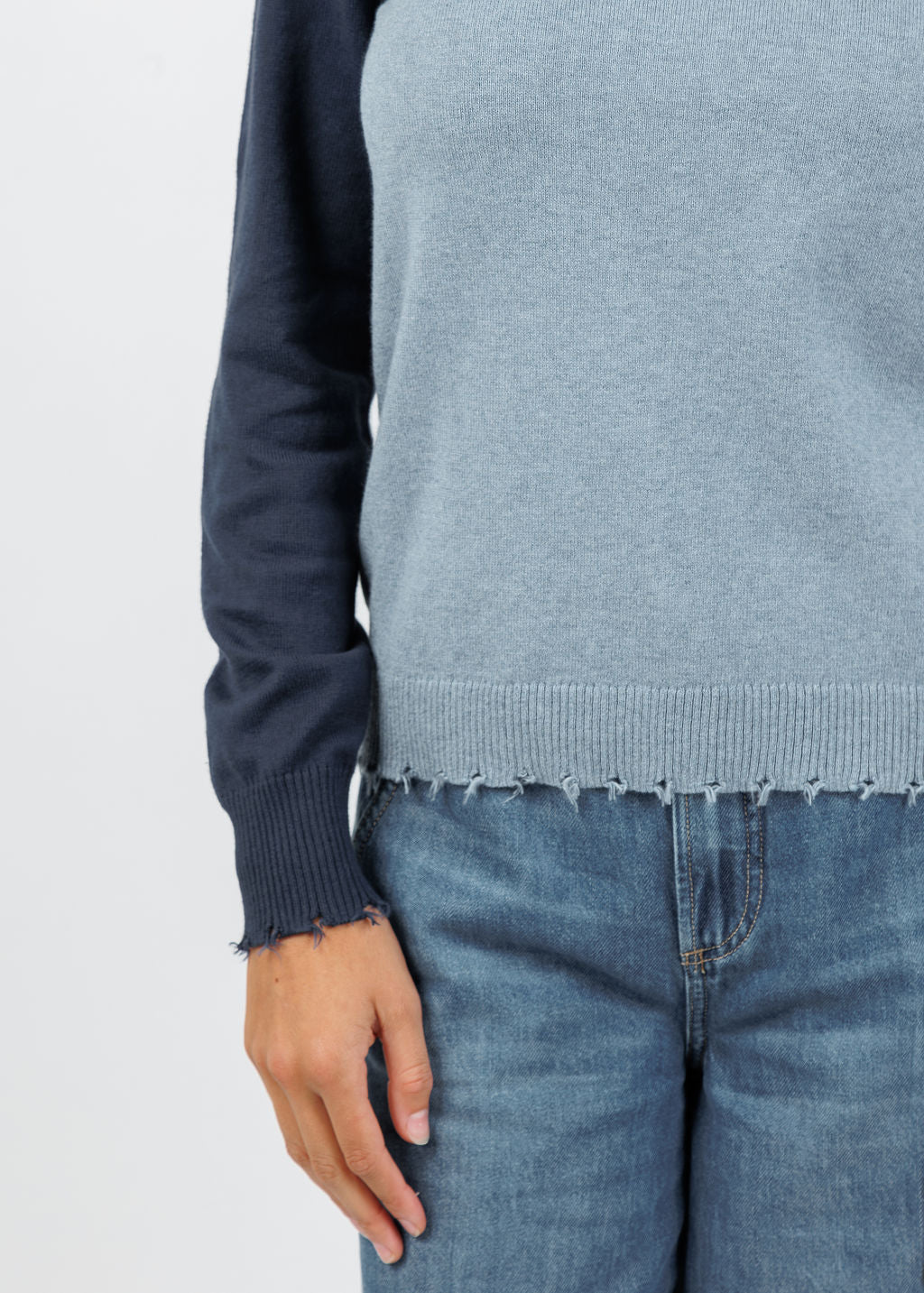 J Society Camo Distressed Crew Sweater in Denim available at Barbara Katz
