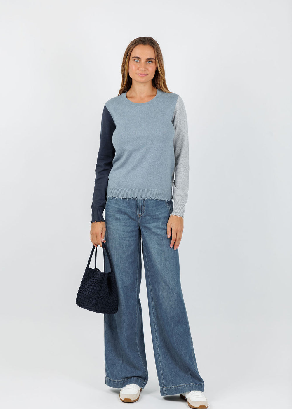 J Society Camo Distressed Crew Sweater in Denim available at Barbara Katz
