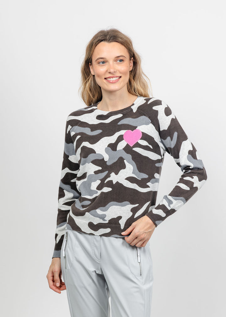 J Society Camo Heart Crew Sweater in Silver available at Barbara Katz