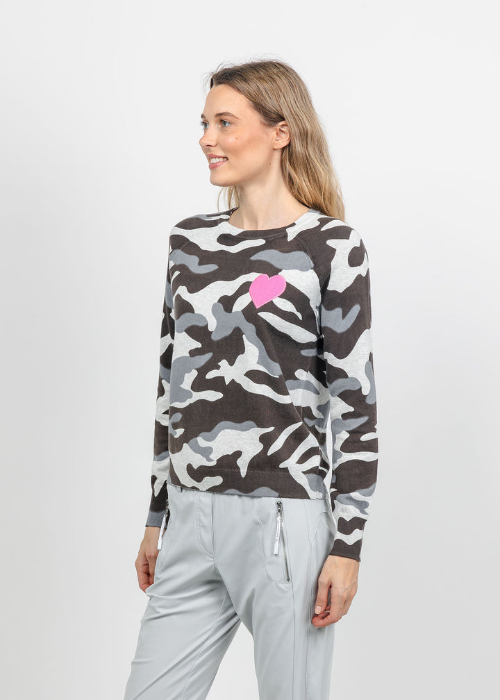 J Society Camo Heart Crew Sweater in Silver available at Barbara Katz