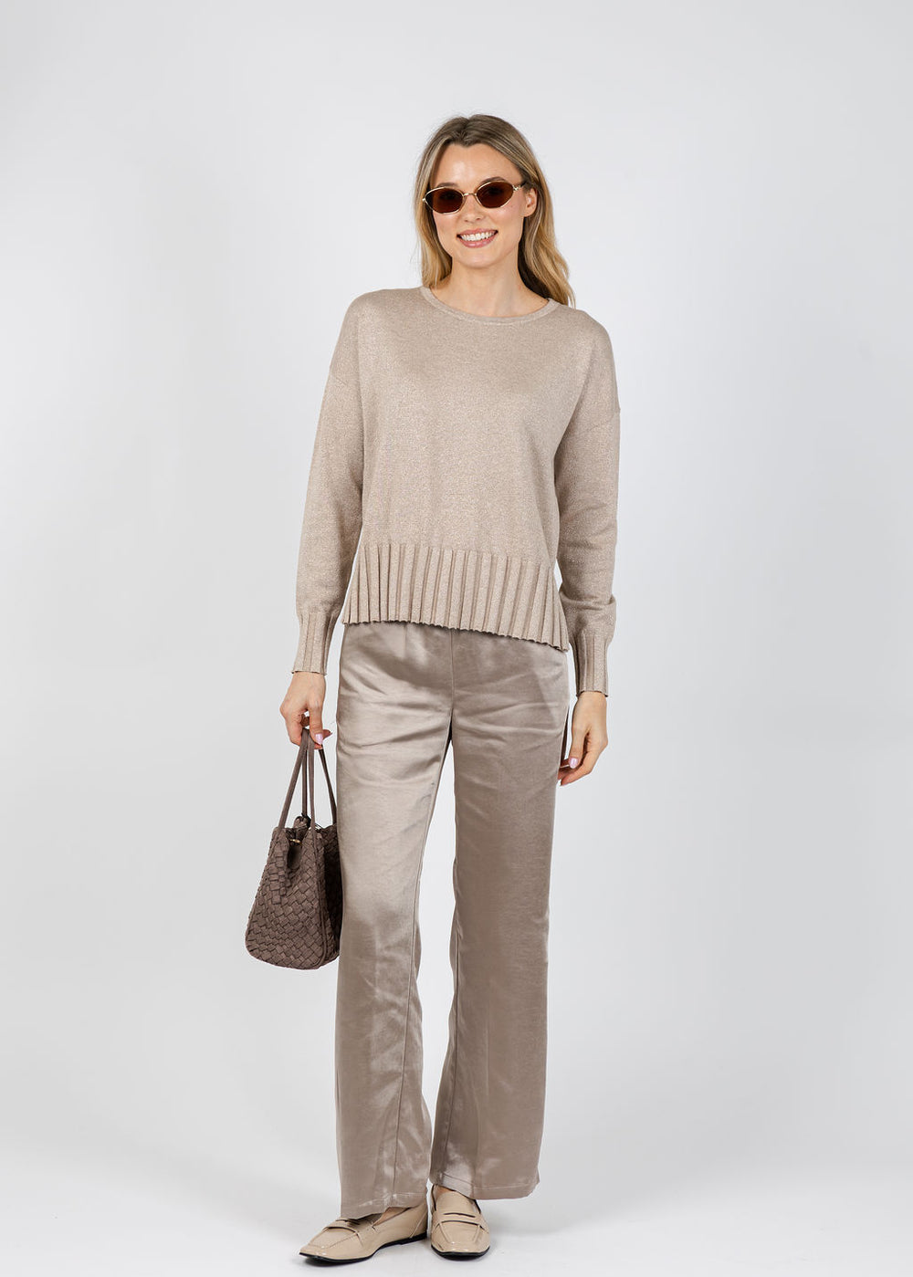 J Society Chloe Rib Bottom Crew Sweater in Cappuccino available at Barbara Katz