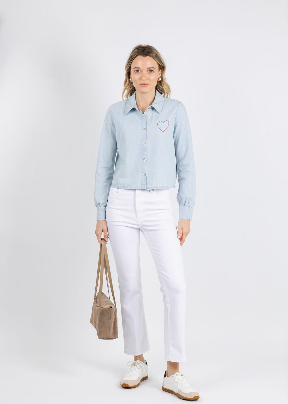 J Society Crista Heart Crop Shirt in Chambray paired with Frame The Reboot Crop Jeans in White available at Barbara Katz