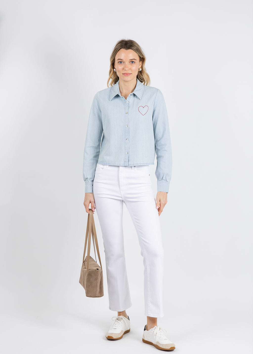 J Society Crista Heart Crop Shirt in Chambray paired with Frame The Reboot Crop Jeans in White available at Barbara Katz