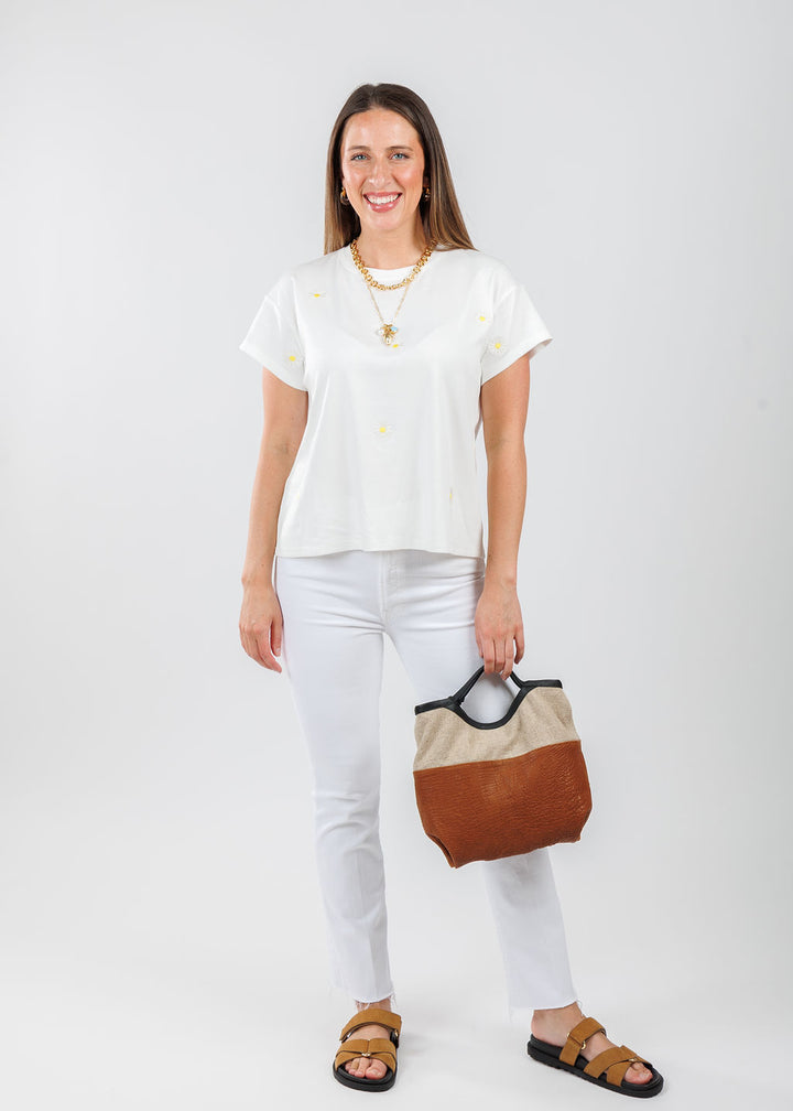 J Society Daisy Tee in White paired with Mother The Hustler Ankle Fray Jeans in White available at Barbara Katz