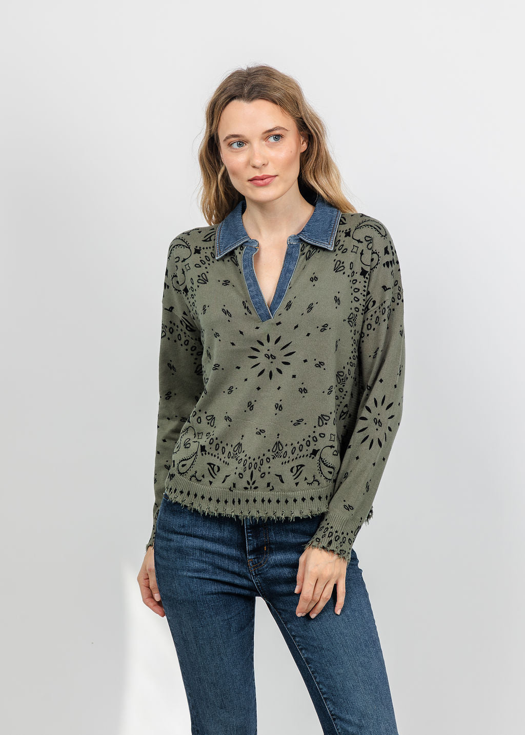 J Society Denim Collar Bandana Top in Moss available at Barbara Katz