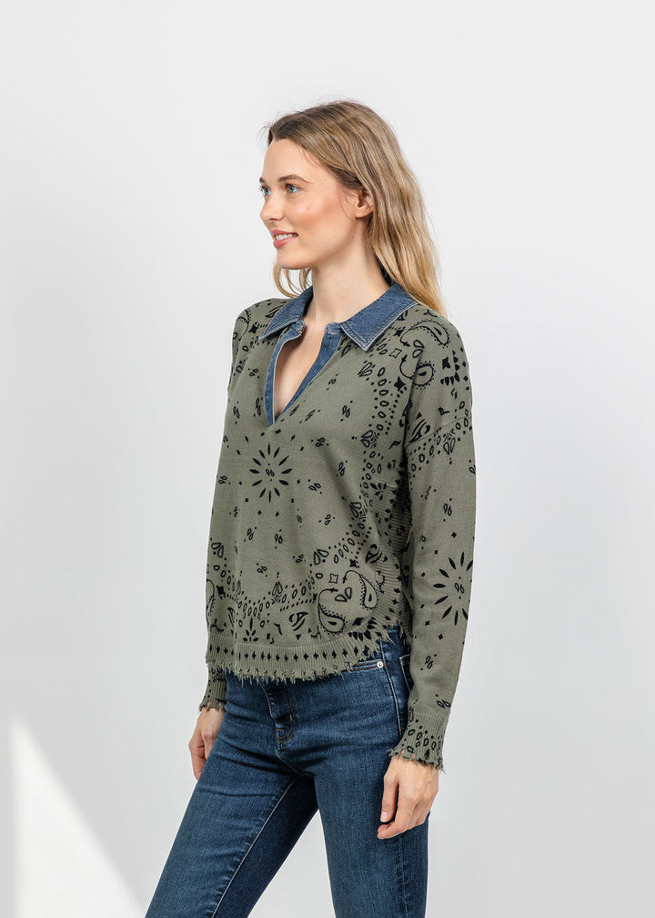J Society Denim Collar Bandana Top in Moss available at Barbara Katz