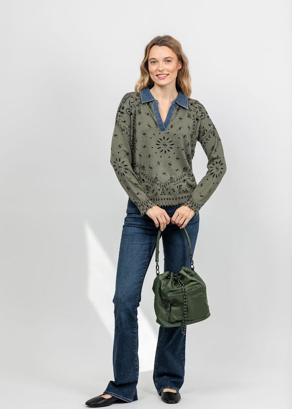 J Society Denim Collar Bandana Top in Moss available at Barbara Katz