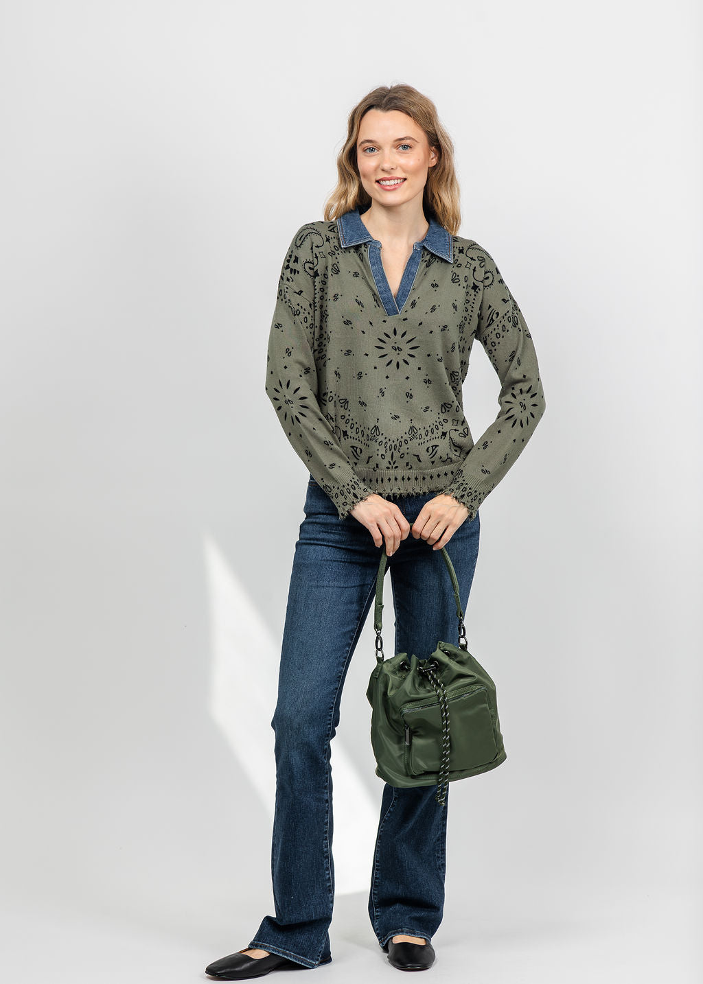 J Society Denim Collar Bandana Top in Moss available at Barbara Katz