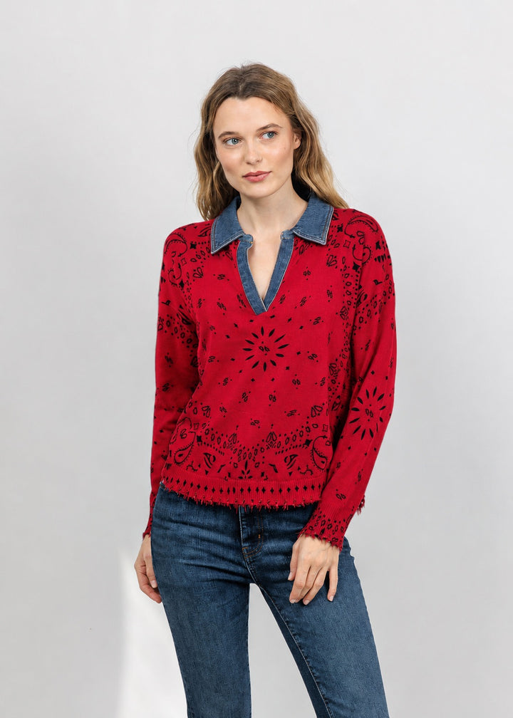 J Society Denim Collar Bandana Top in Red available at Barbara Katz