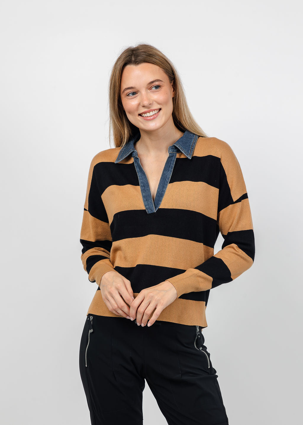 J Society Denim Collar Polo in Camel/Black available at Barbara Katz