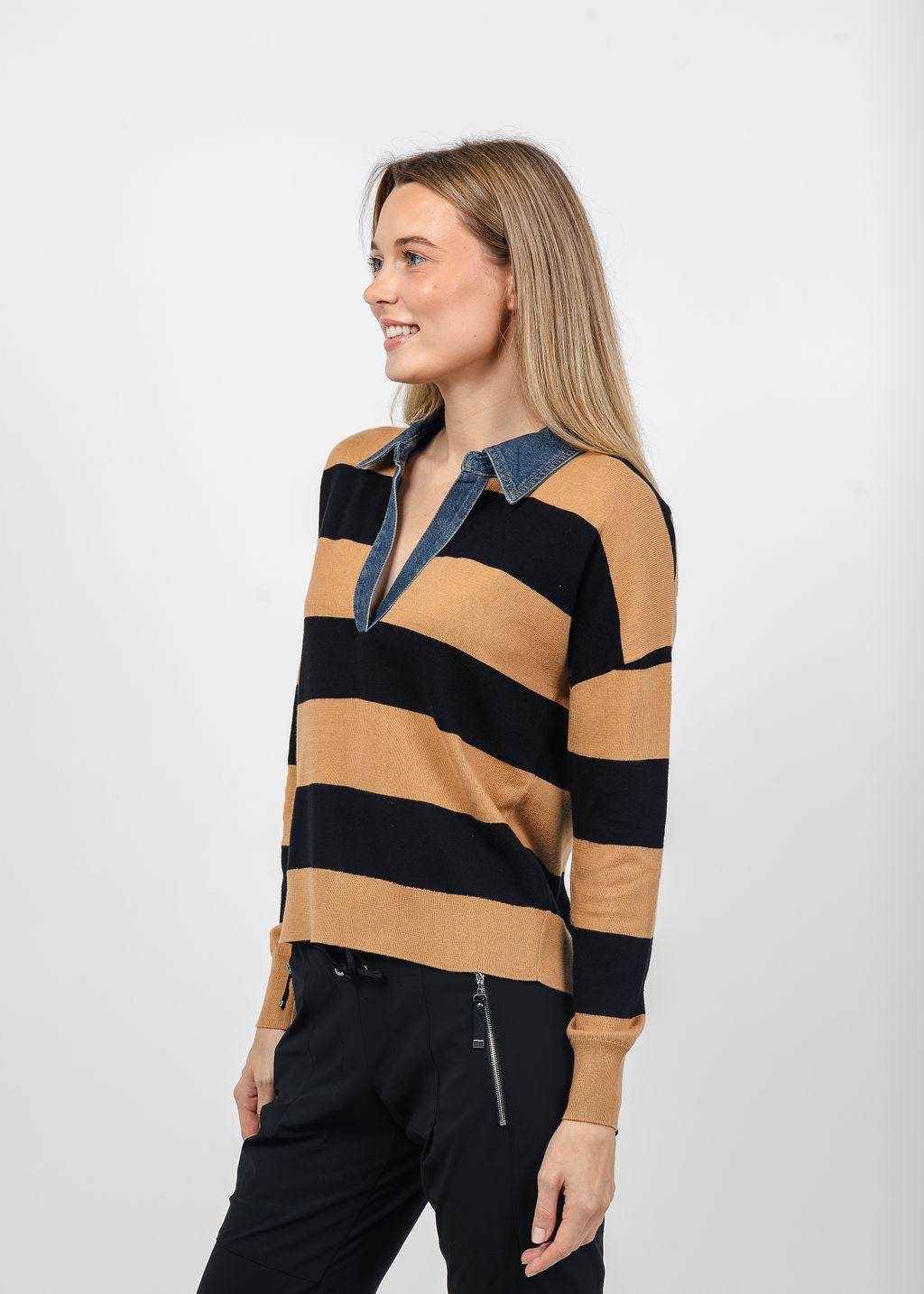 J Society Denim Collar Polo in Camel/Black available at Barbara Katz