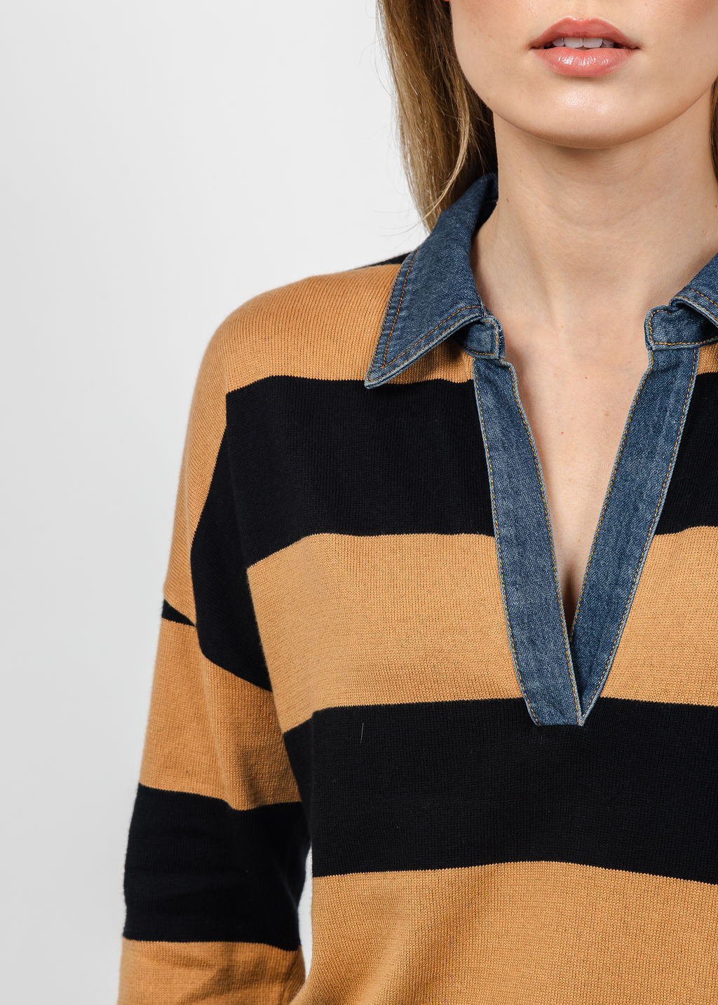 J Society Denim Collar Polo in Camel/Black available at Barbara Katz