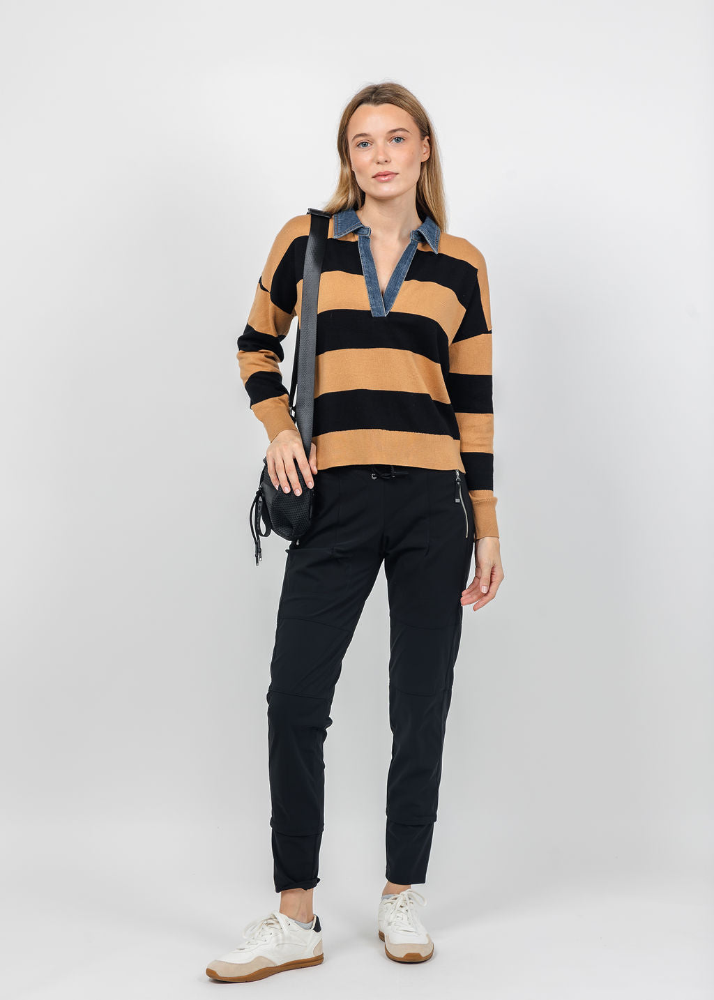 J Society Denim Collar Polo in Camel/Black paired with Raffaello Rossi Candy Pants in Black available at Barbara Katz