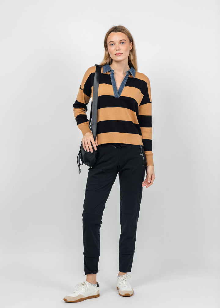 J Society Denim Collar Polo in Camel/Black paired with Raffaello Rossi Candy Pants in Black available at Barbara Katz