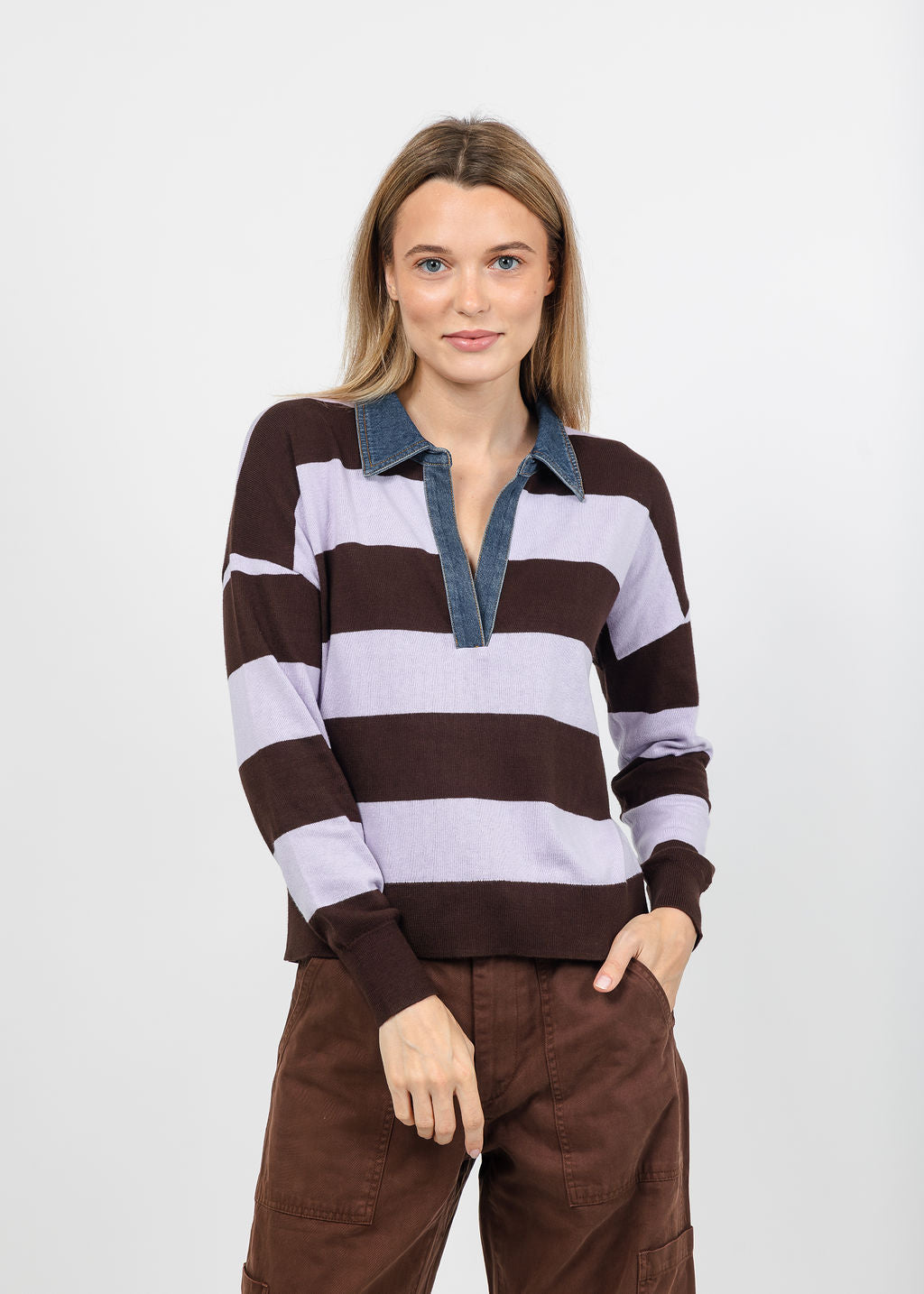 J Society Denim Collar Polo in Coffee Bean/Lilac available at Barbara Katz
