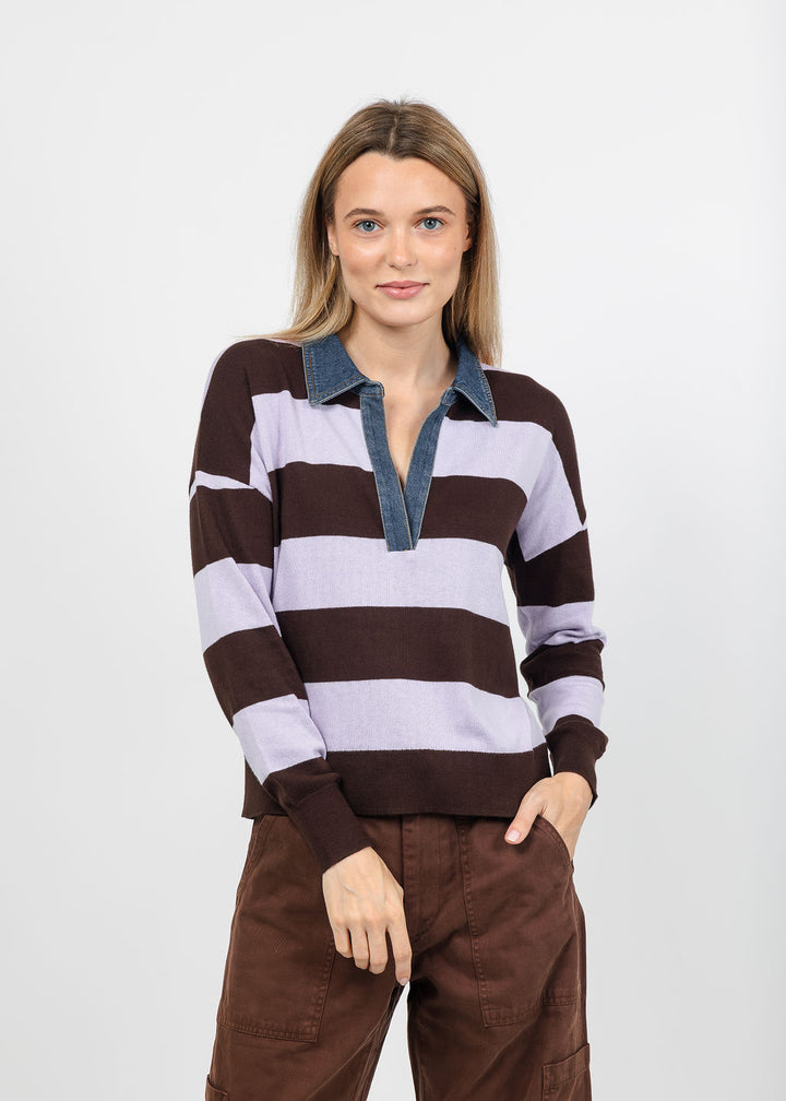 J Society Denim Collar Polo in Coffee Bean/Lilac available at Barbara Katz