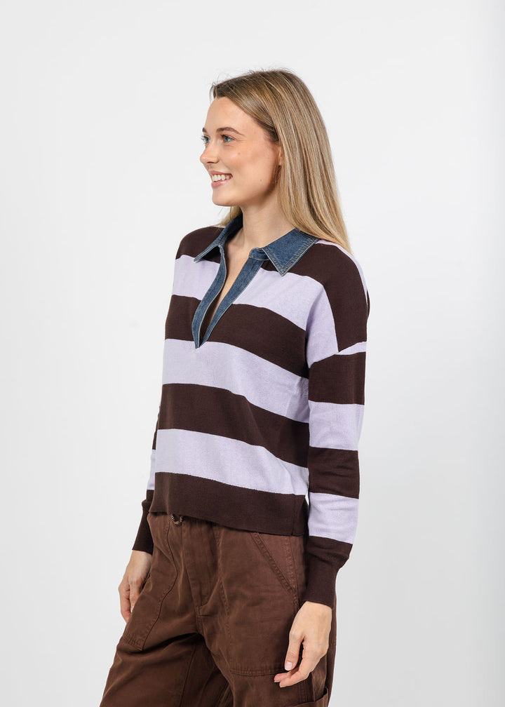 J Society Denim Collar Polo in Coffee Bean/Lilac available at Barbara Katz