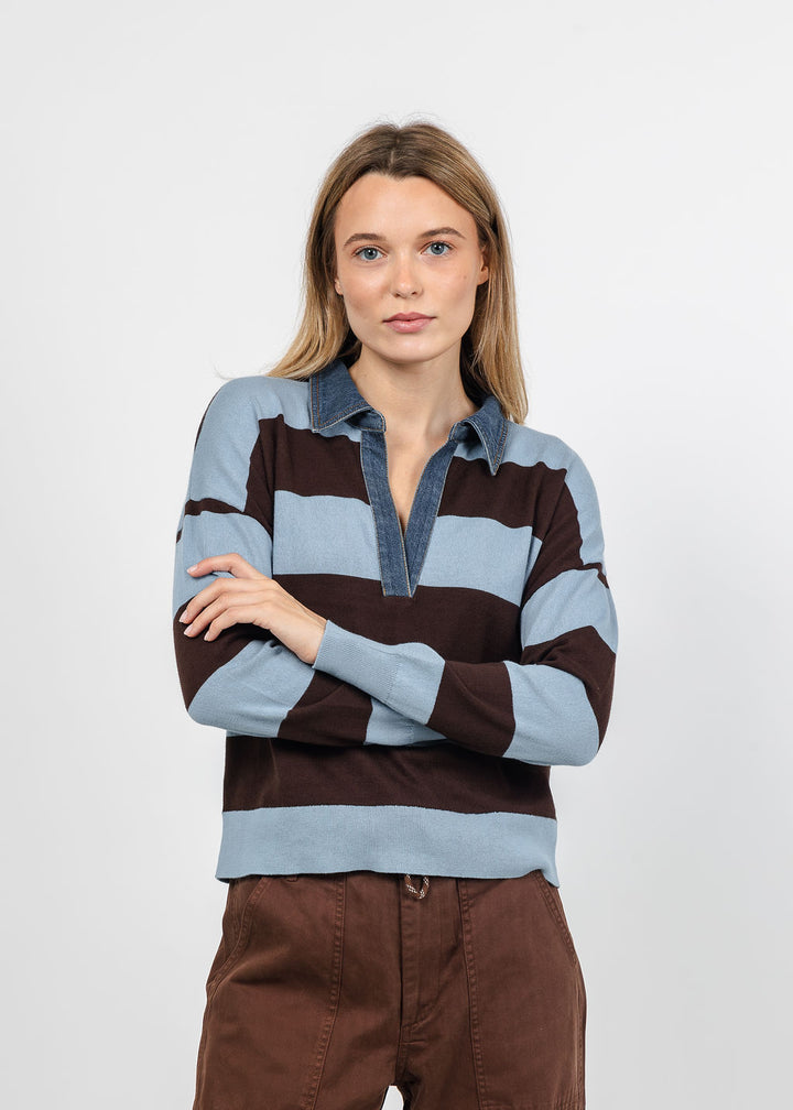 J Society Denim Collar Polo in Cornflower/Coffee available at Barbara Katz