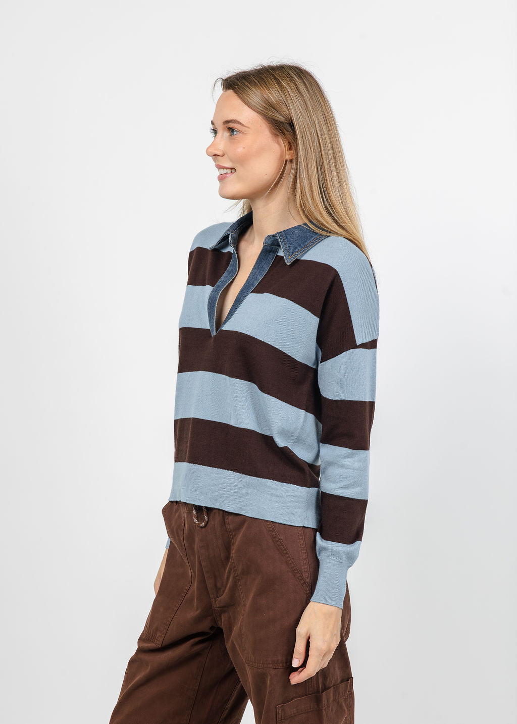 J Society Denim Collar Polo in Cornflower/Coffee available at Barbara Katz