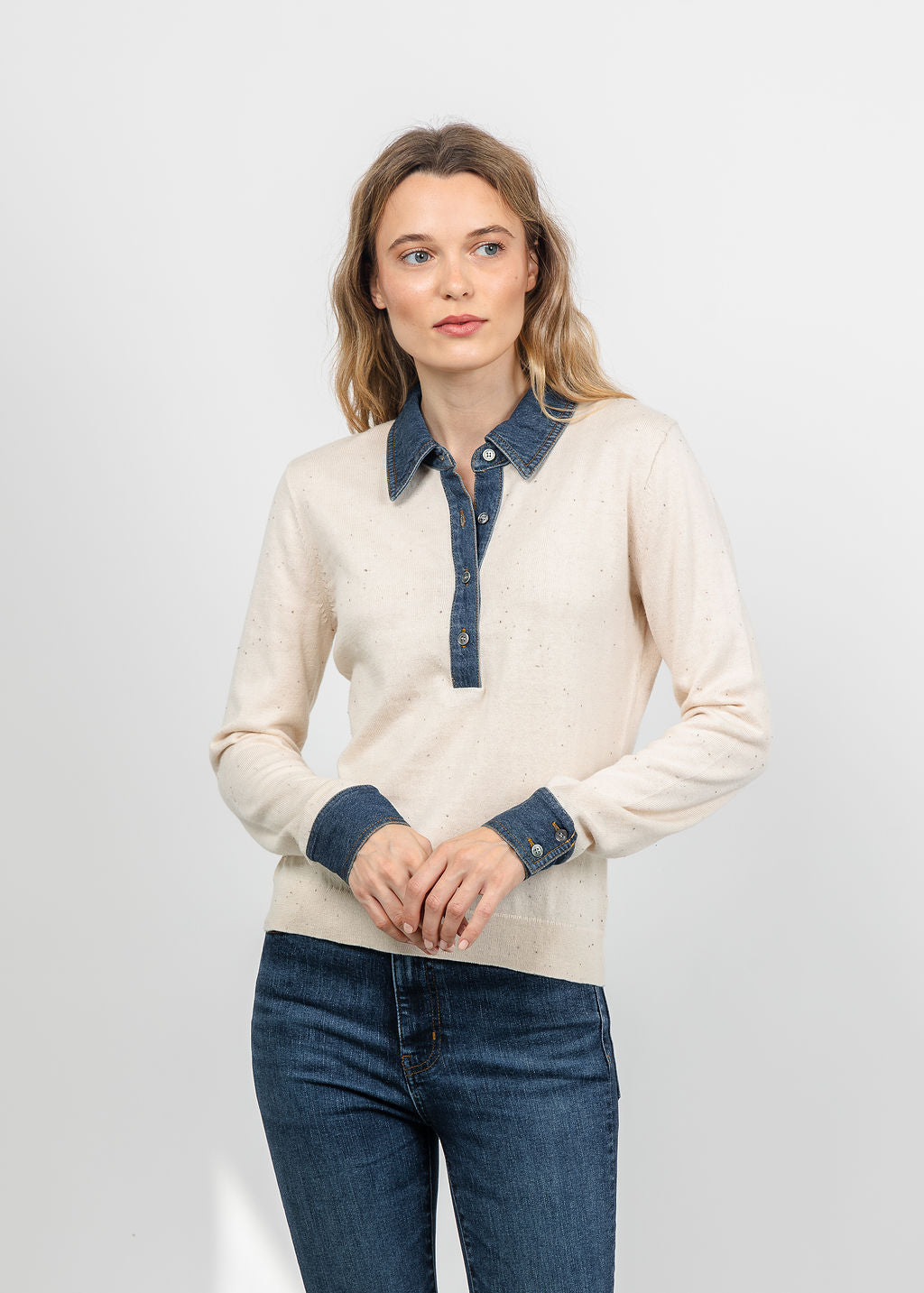 J Society Denim Collar Polo in Cream available at Barbara Katz