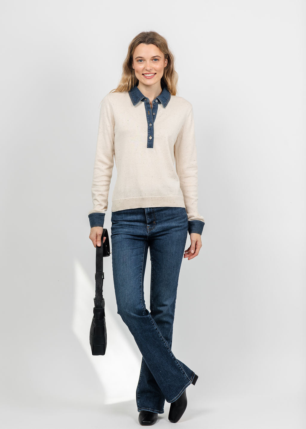 J Society Denim Collar Polo in Cream paired with Frame The Reboot Pant in Showdown available at Barbara Katz