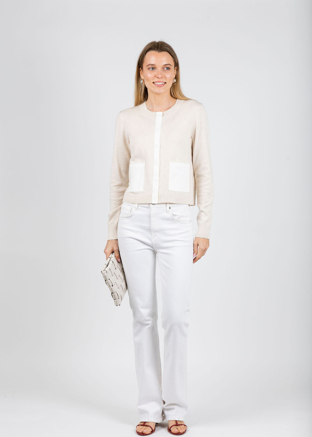 J Society Denim Trim Cardigan in Oatmeal/White available at Barbara Katz