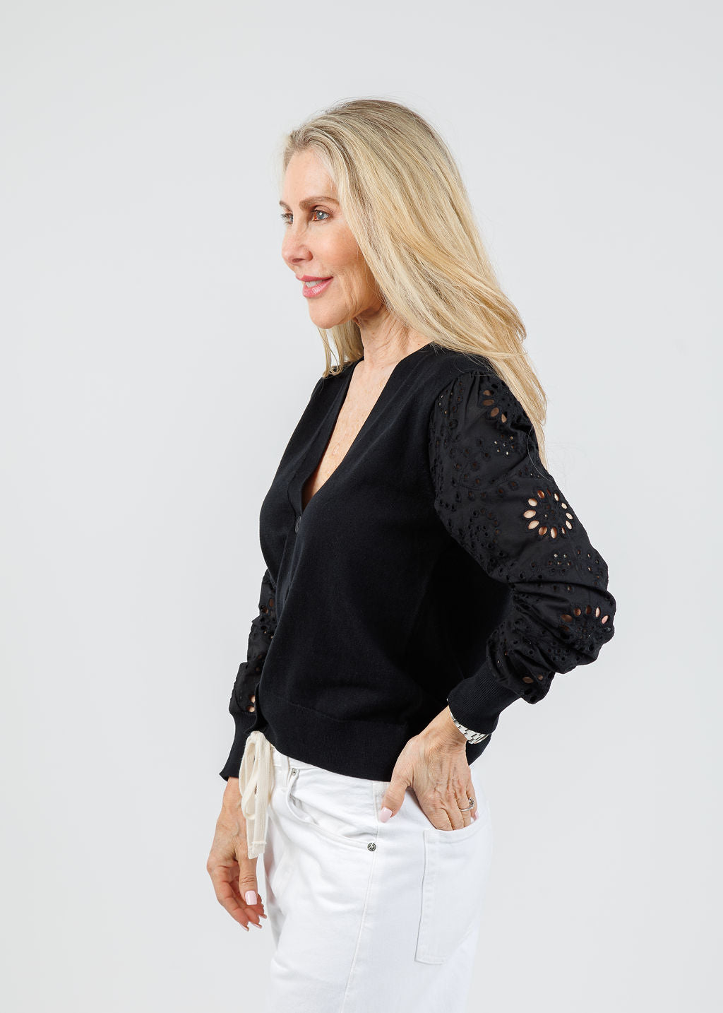 J Society Eyelet Sleeve V-Neck Cardigan in Black available at Barbara Katz