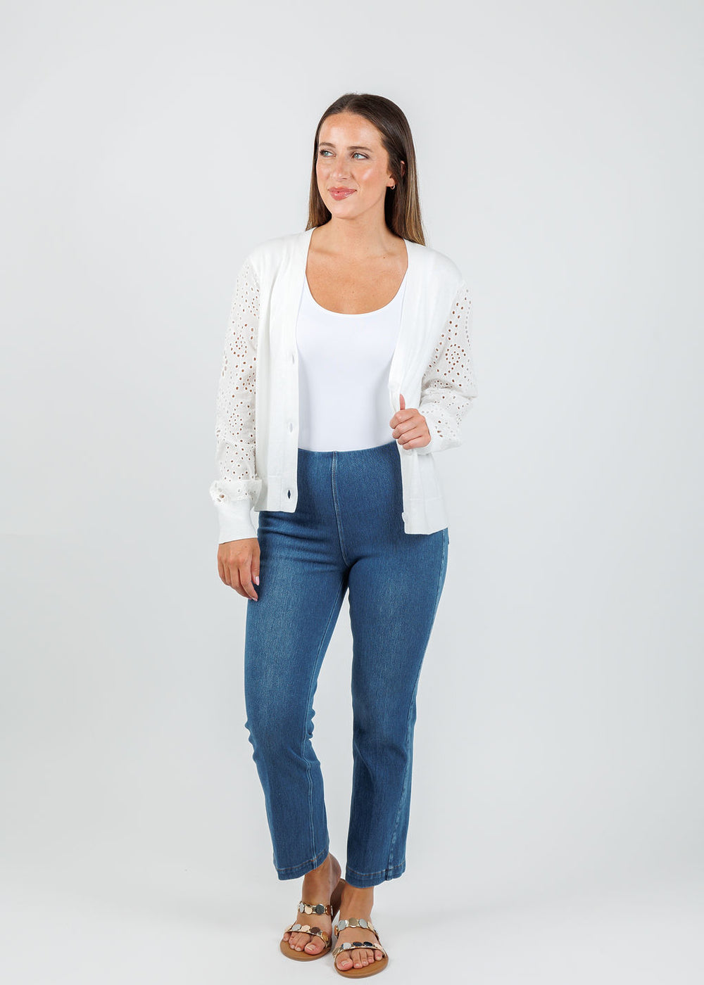J Society Eyelet Sleeve Cardigan in White with white A'Nue The Classic Micro Tank Top underneath, paired with Lysse Ankle Denim Baby Bootcut Pants in Midwash available at Barbara Katz
