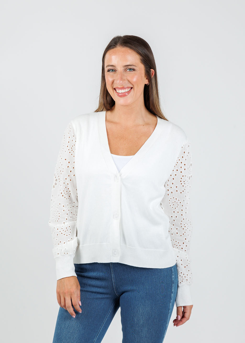 J Society Eyelet Sleeve Cardigan in White available at Barbara Katz