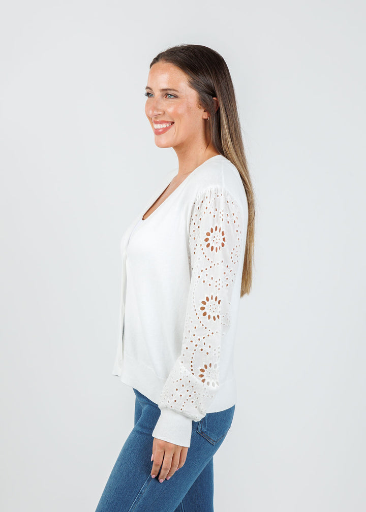 J Society Eyelet Sleeve Cardigan in White available at Barbara Katz