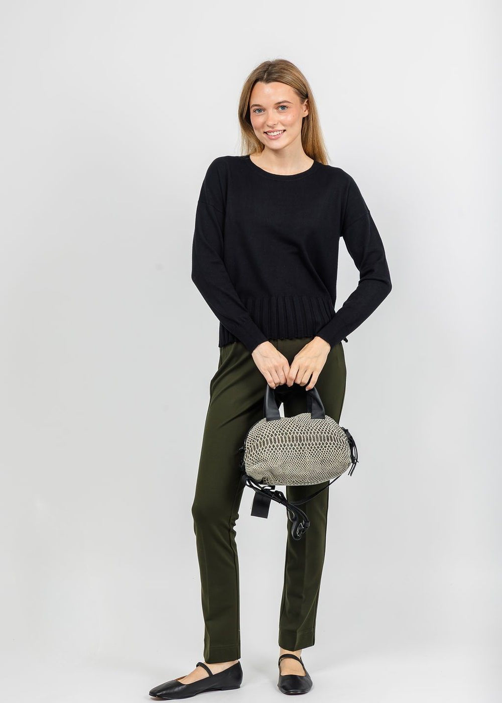 J Society Fall Rib Bottom Crew Sweater in Black paired with Peace of Cloth Annie 29" Paramount Knit Pants in Olive available at Barbara Katz