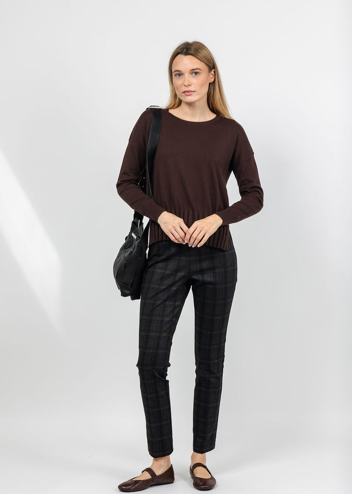 J Society Fall Rib Bottom Crew Sweater in Coffee Bean paired with Peace of Cloth Annie Bittersweet Plaid Pant in Multi available at Barbara Katz