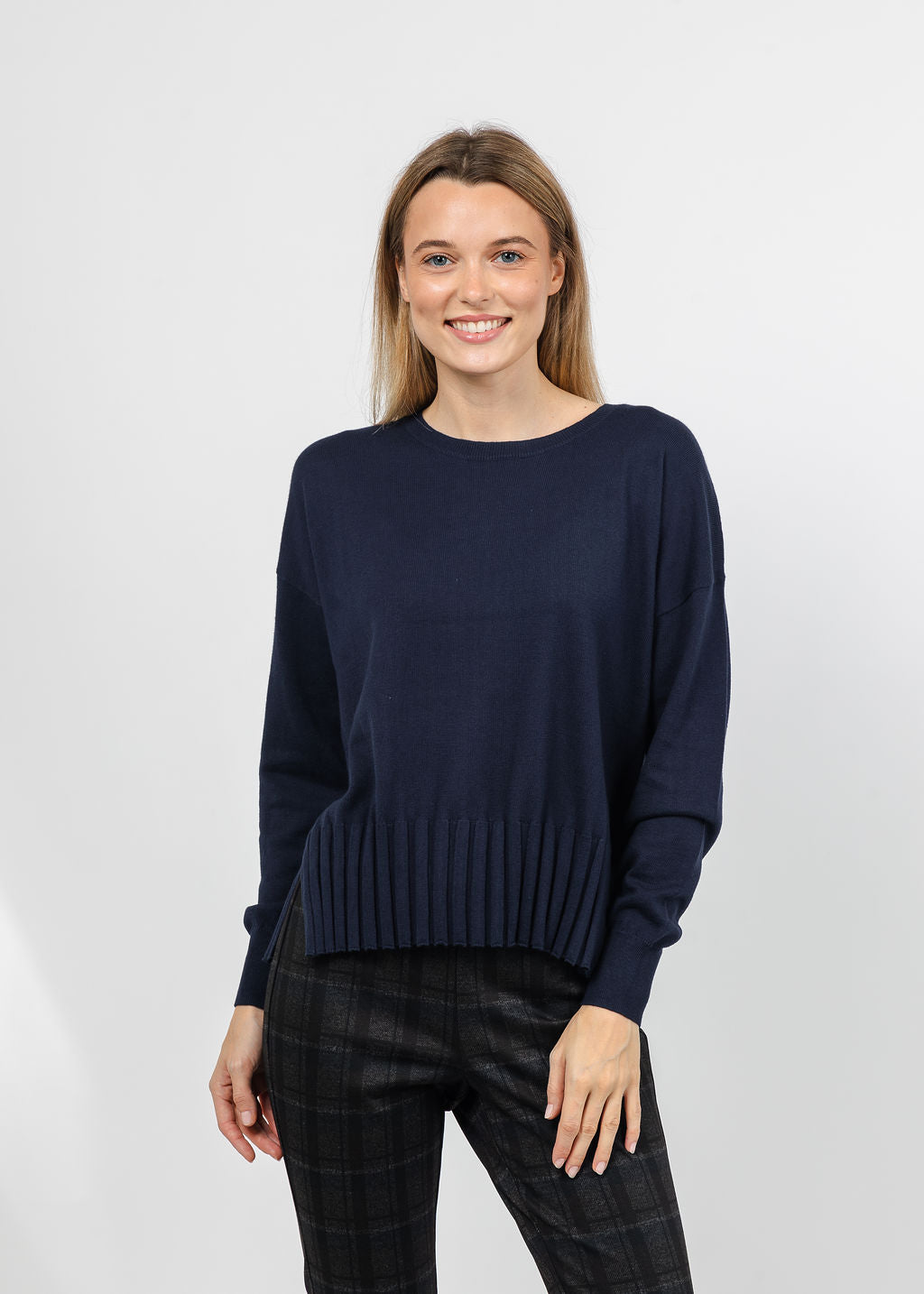 J Society Fall Rib Bottom Crew Sweater in Navy available at Barbara Katz