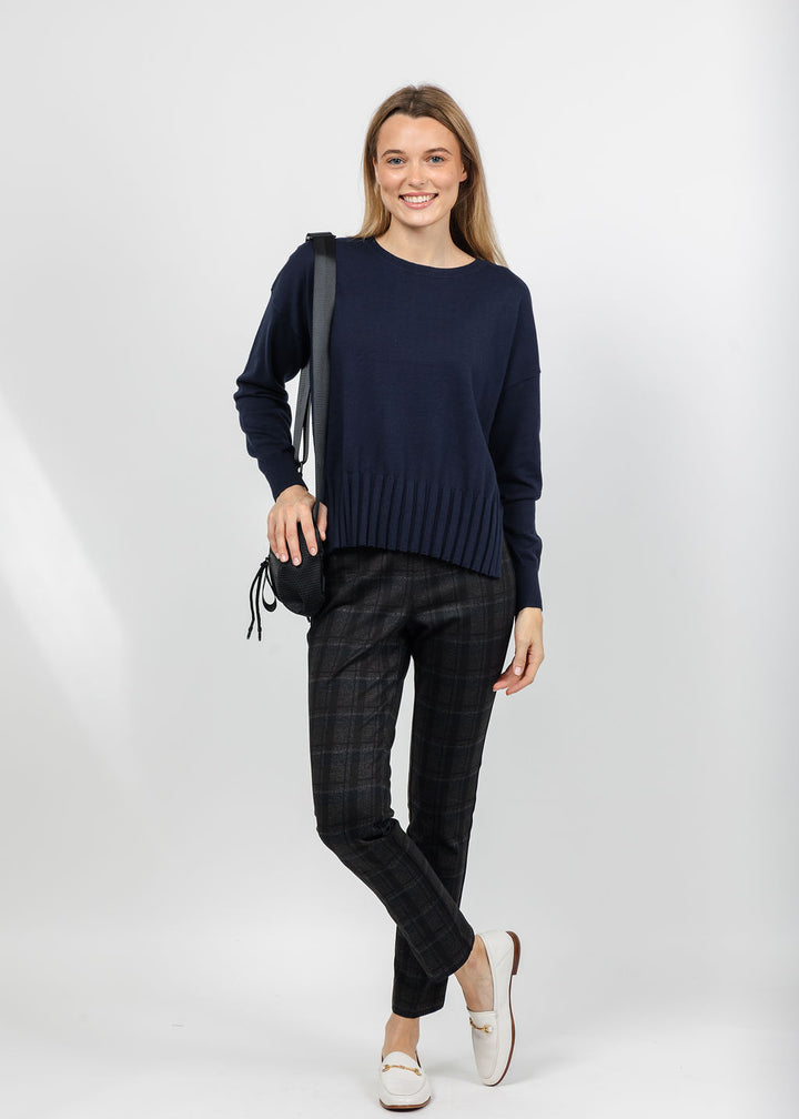 J Society Fall Rib Bottom Crew Sweater in Navy paired with Peace of Cloth Annie Bittersweet Plaid Pant in Multi available at Barbara Katz