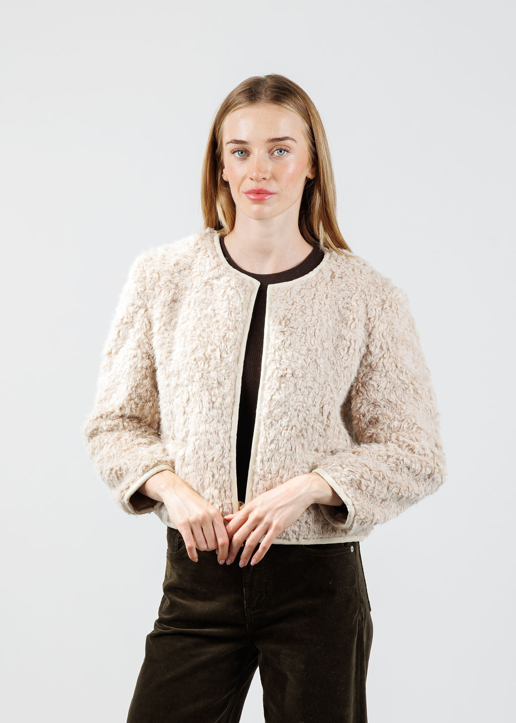 J Society Faux Fur Open Jacket in Latte available at Barbara Katz