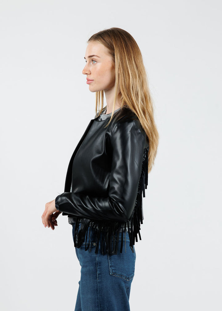 J Society Fringe Vegan Leather Jacket in Black available at Barbara Katz