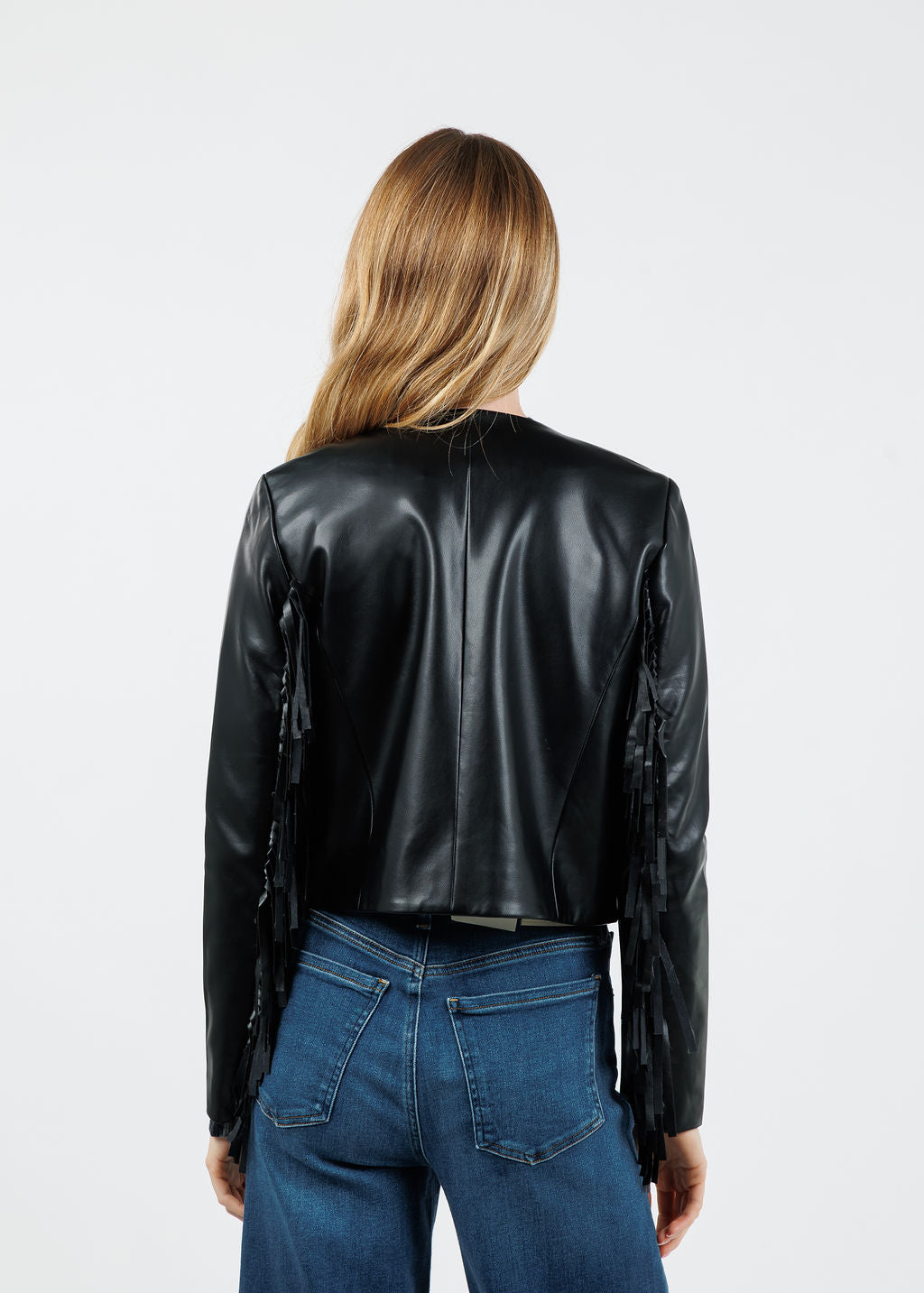 J Society Fringe Vegan Leather Jacket in Black available at Barbara Katz
