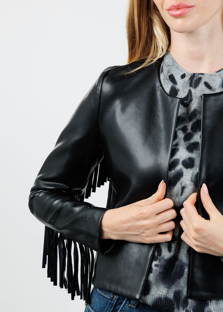 J Society Fringe Vegan Leather Jacket in Black available at Barbara Katz