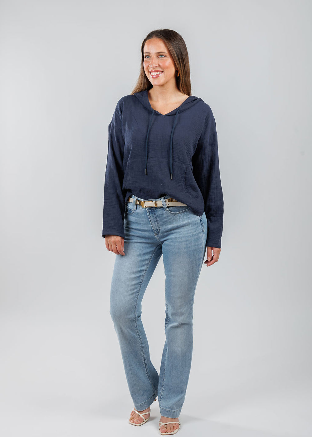 J Society Gauze Hoodie in Navy paired with MAC Dream Boot Jeans in Summer  Blue Clouds Wash available at Barbara Katz
