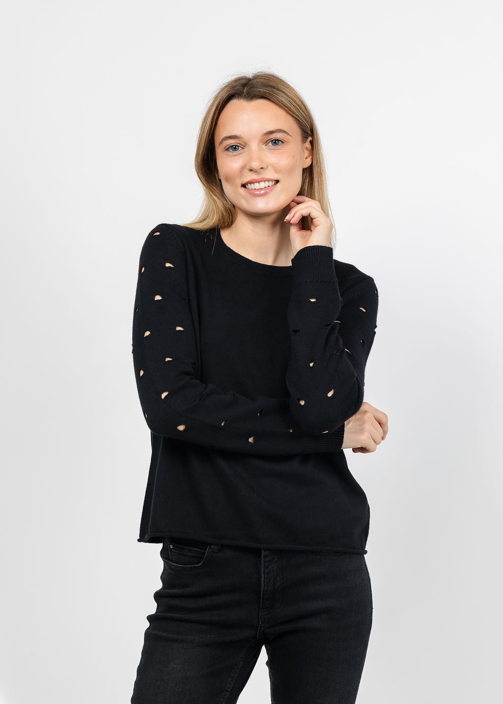 J Society Holey Crew Sweater in Black available at Barbara Katz