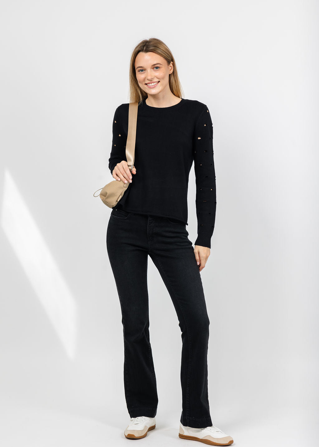 J Society Holey Crew Sweater in Black available at Barbara Katz