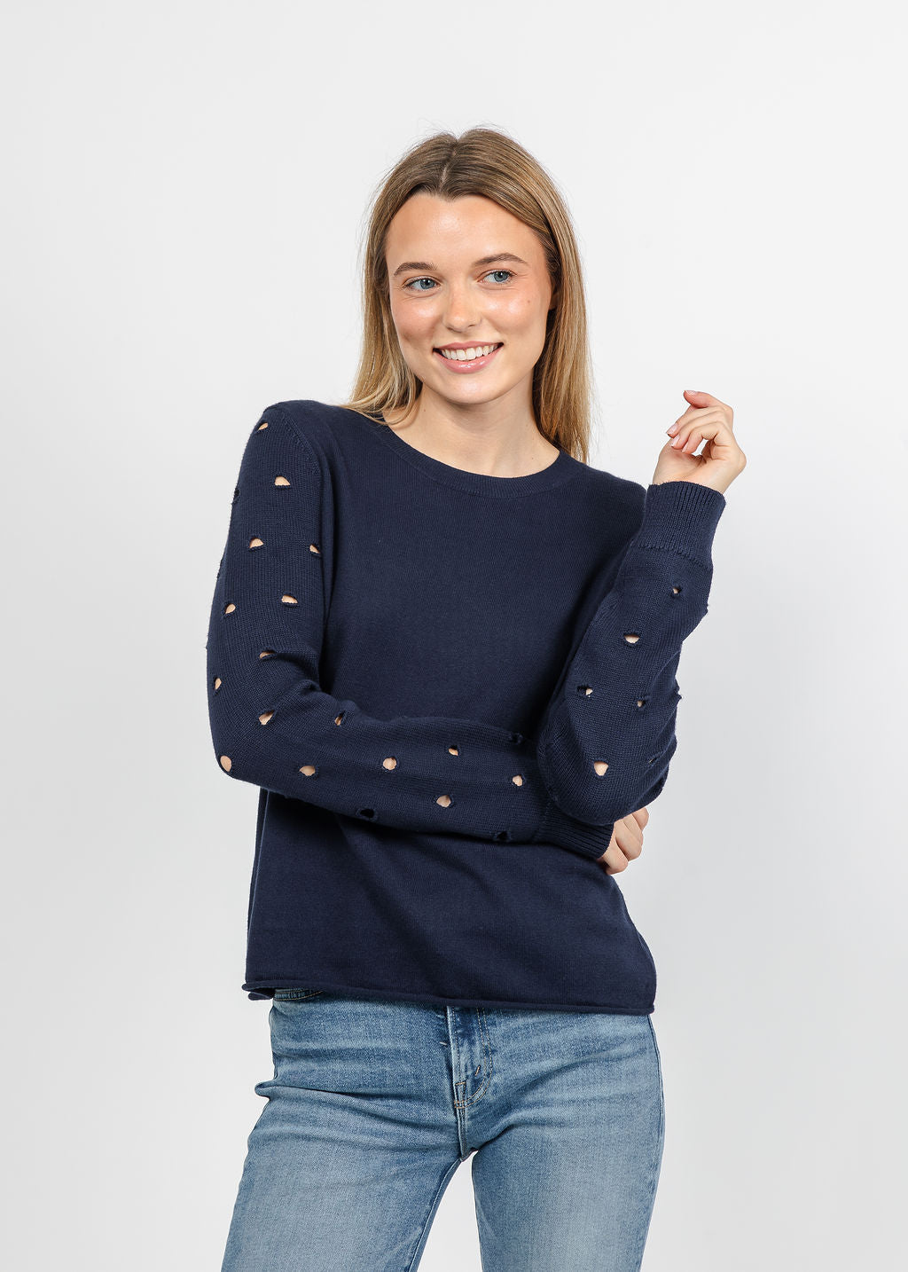 J Society Holey Crew Sweater in Navy available at Barbara Katz
