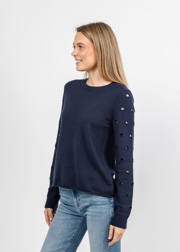 J Society Holey Crew Sweater in Navy available at Barbara Katz