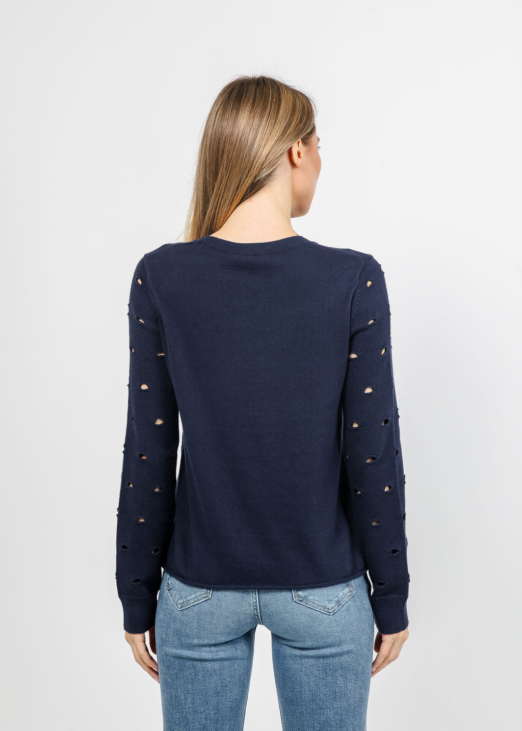 J Society Holey Crew Sweater in Navy available at Barbara Katz