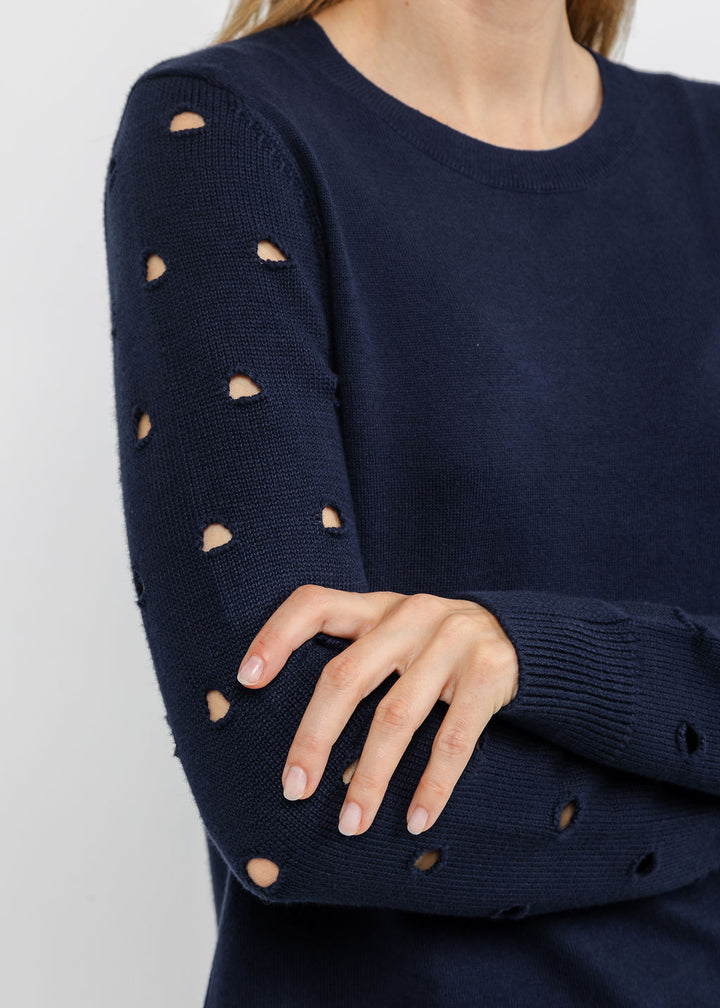 J Society Holey Crew Sweater in Navy available at Barbara Katz