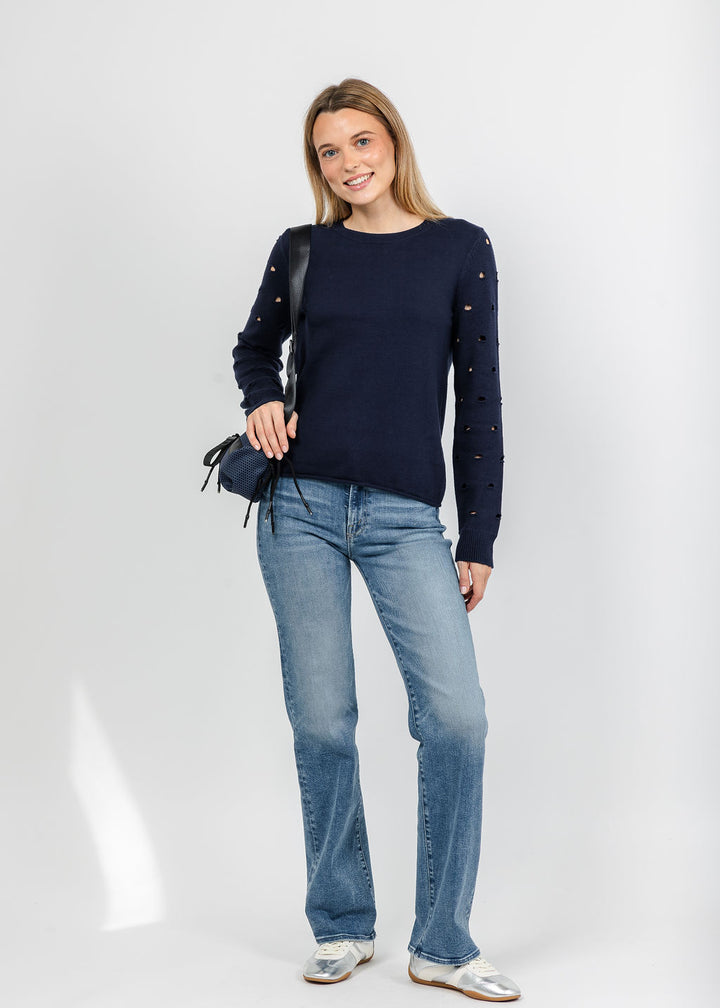 J Society Holey Crew Sweater in Navy available at Barbara Katz