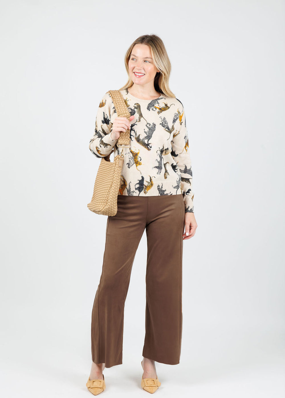 J Society Jungle Crew Sweater in Latte paired with Lysse Vionette Vegan Suede Wide Leg Trousers in Lux Camel available at Barbara Katz