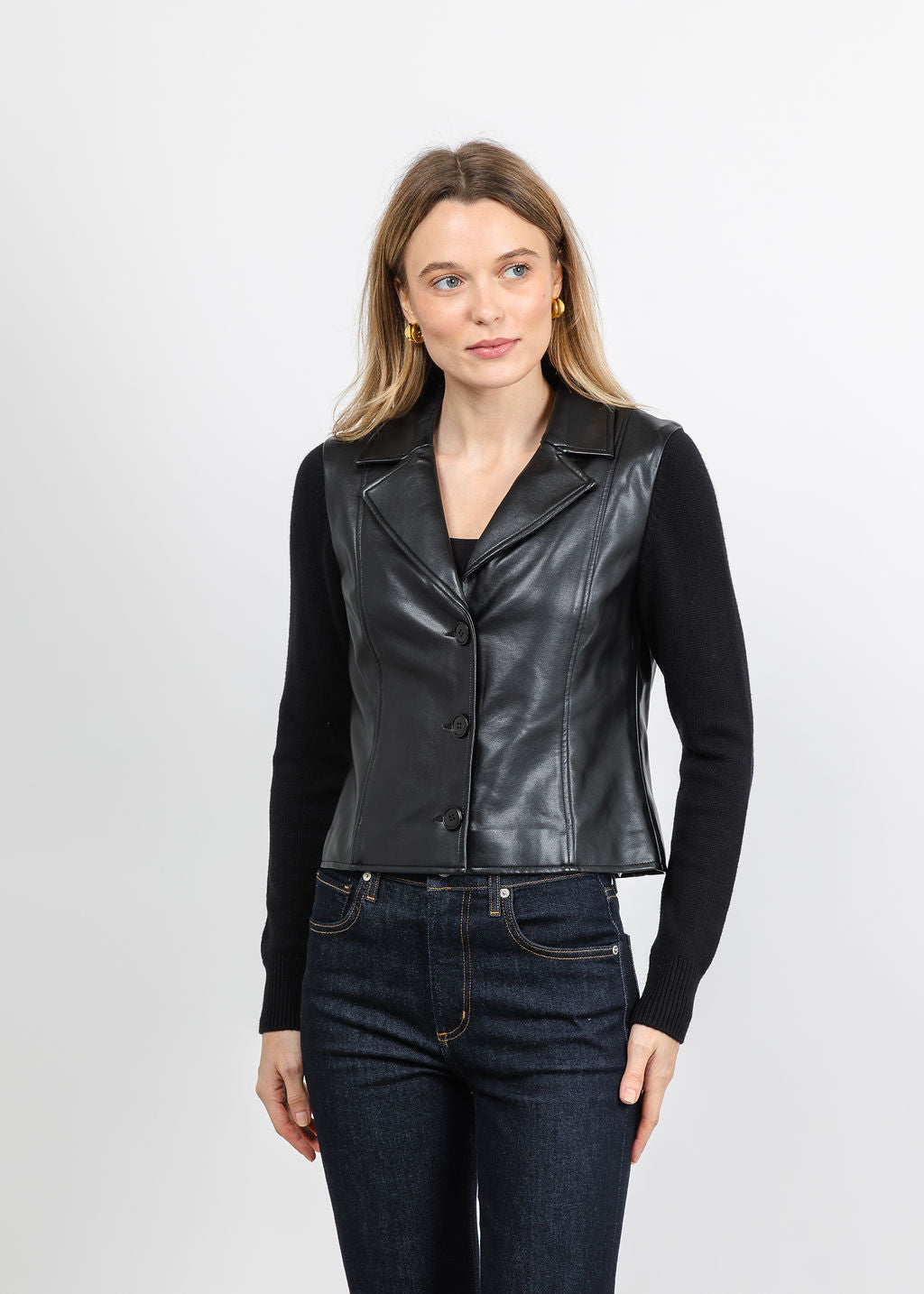 J Society Knit Sleeve Vegan Leather Jacket in Black available at Barbara Katz